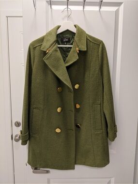 Luii Olive Green Wool Blend Pea Coat Gold Buttons Military Style